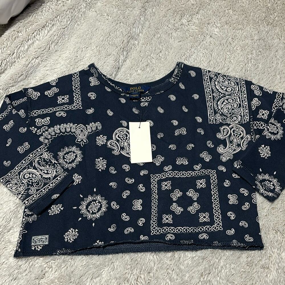Ralph Lauren 4 navy blue white handkerchief print cropped dolman sleeve nwt